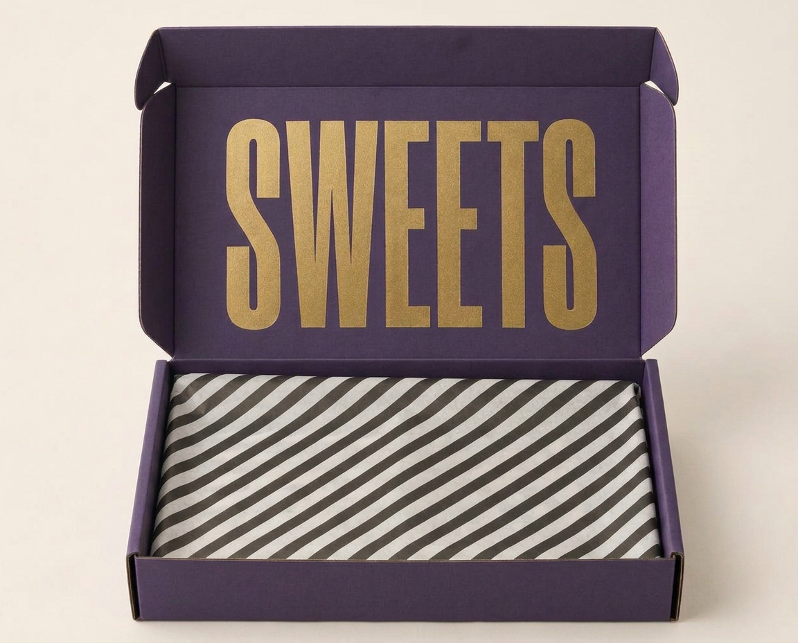 Purple SWEETS letterbox box with gold lettering and striped tissue