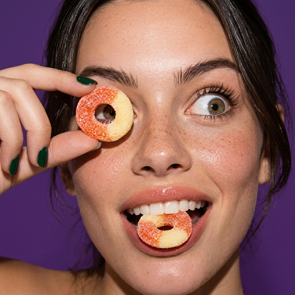 Expressive woman holding peach rings against a purple background