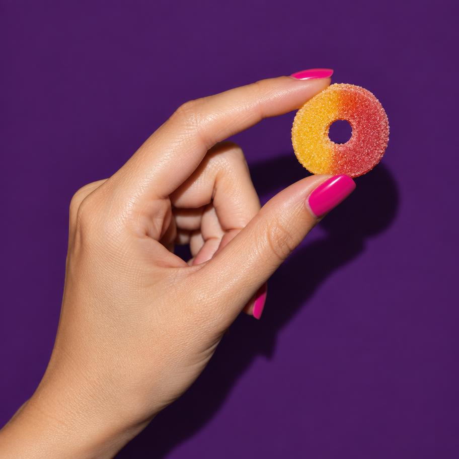 Pink-polished hand holding a peach ring