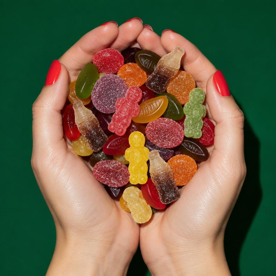 Hands holding a mix of SWEETS favourites