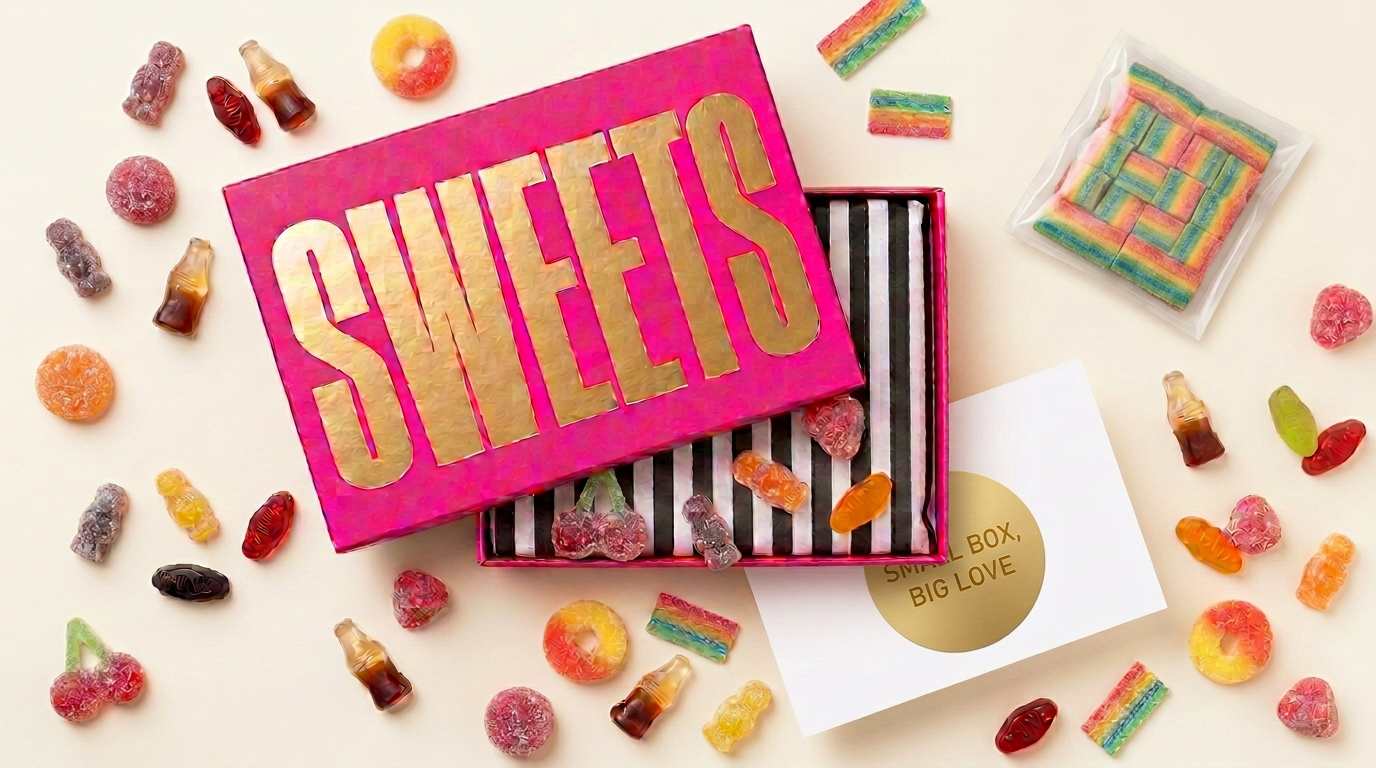 A hot pink SWEETS letterbox box with gold lettering, striped tissue, a stamped postcard and colourful sweets scattered around